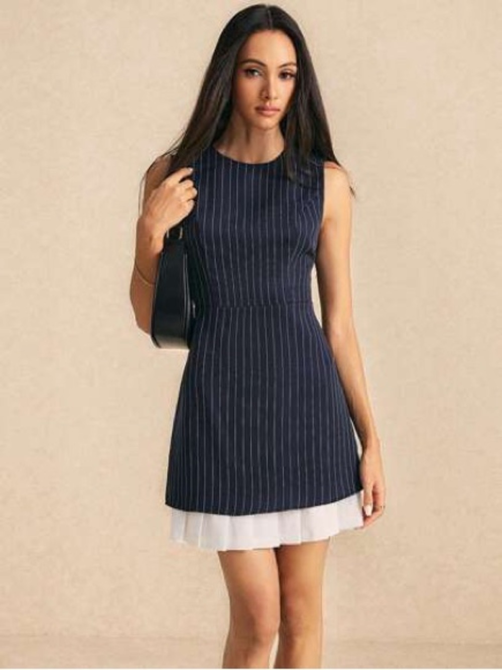 Poéselle Navy Pinstripe Sleeveless Mini Dress with White Trim